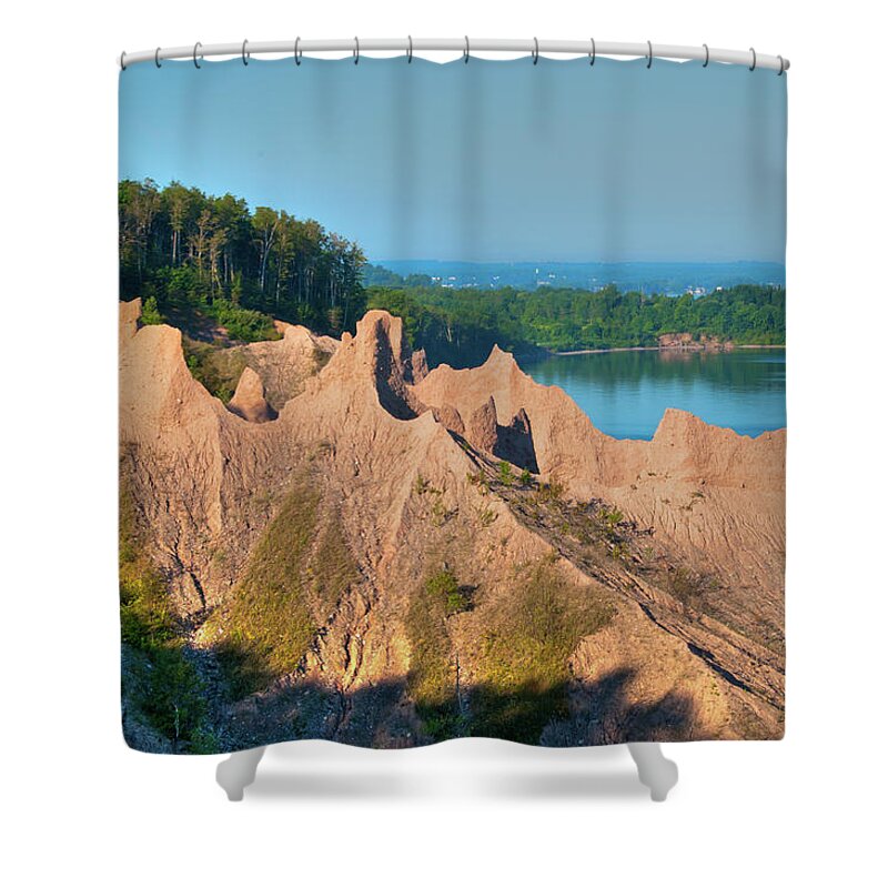 Landscape Shower Curtain featuring the photograph Chimney Bluffs 1750 by Guy Whiteley