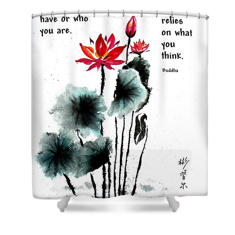 Chinese Brush Painting Shower Curtain featuring the painting China Garden with Buddha Quote by Bill Searle