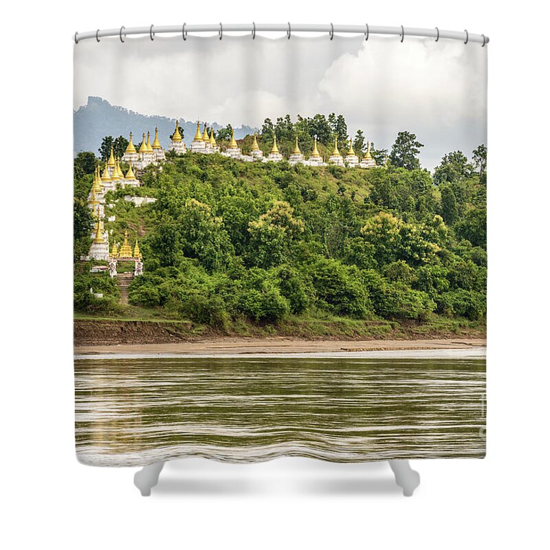 Landscape Shower Curtain featuring the photograph Chindwin Stupas by Werner Padarin