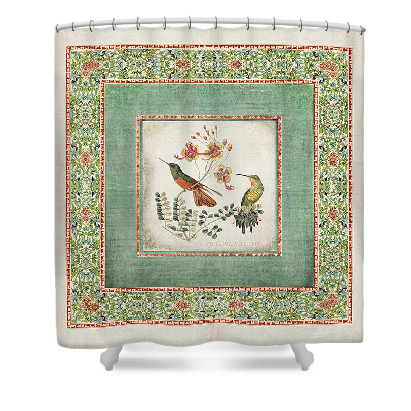 Chinese Ornamental Paper Shower Curtain featuring the digital art Chinoiserie Vintage Hummingbirds n Flowers 1 by Audrey Jeanne Roberts