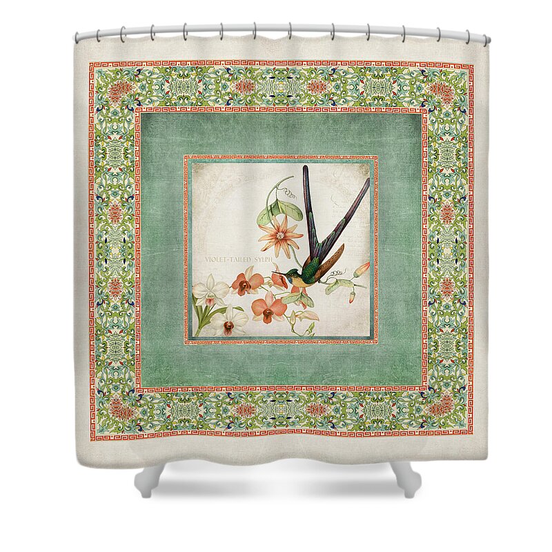 Chinese Ornamental Paper Shower Curtain featuring the digital art Chinoiserie Vintage Hummingbirds n Flowers 3 by Audrey Jeanne Roberts