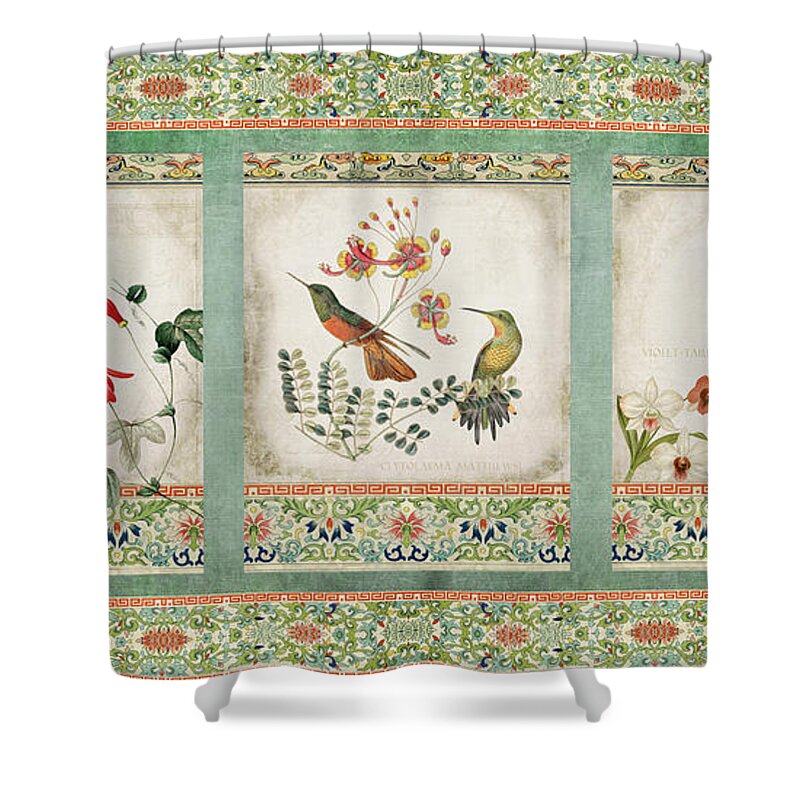 Chinese Ornamental Paper Shower Curtain featuring the digital art Triptych - Chinoiserie Vintage Hummingbirds n Flowers by Audrey Jeanne Roberts