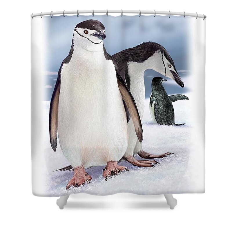 Penguin Shower Curtain featuring the digital art Chinstrap Penguins 2 by Owen Bell