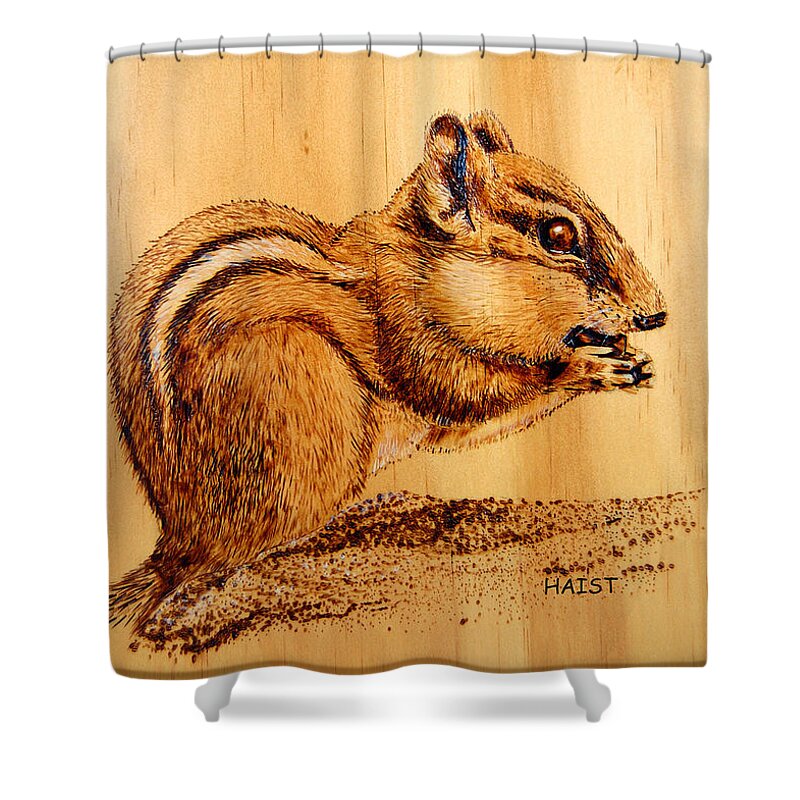 Chipmunk Shower Curtain featuring the pyrography Chippies Lunch by Ron Haist