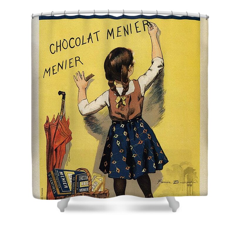 Chocolat Menier Shower Curtain featuring the mixed media Chocolat Menier - Chocolate manufacturing Company - Vintage Advertising Poster by Studio Grafiikka