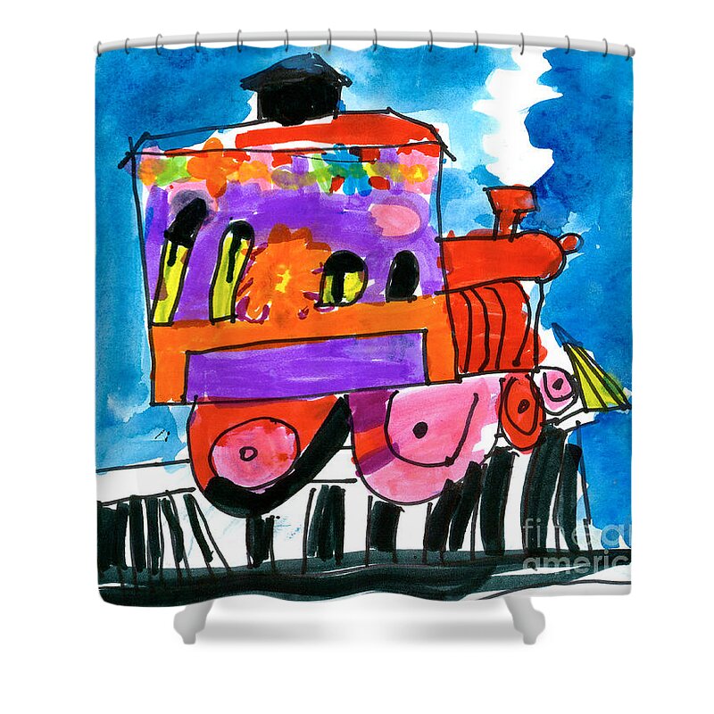 Trains Shower Curtain featuring the painting ChooChoo Train by Gina Barba Age Five