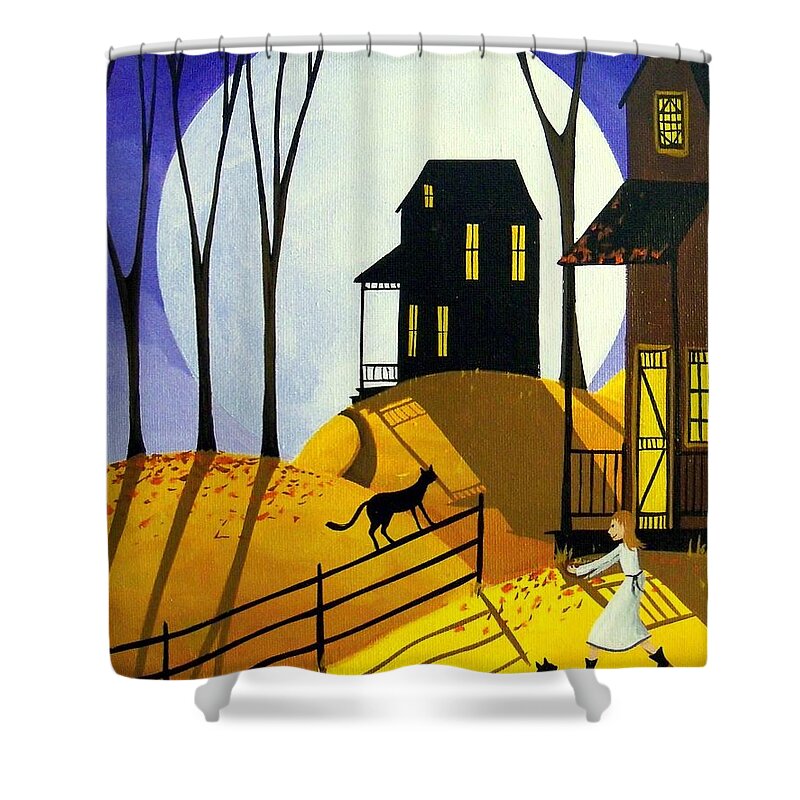 Folk Art Shower Curtain featuring the painting Chow Time - folk art cats girl by Debbie Criswell