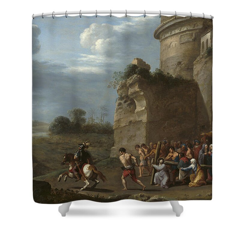 Cornelius Van Poelenburgh Shower Curtain featuring the painting Christ Carrying the Cross by Cornelius van Poelenburgh