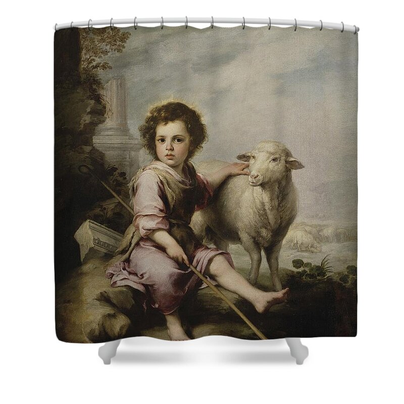 Murillo El Buen Pastor Shower Curtain featuring the painting Christ the Good Shepherd by MotionAge Designs