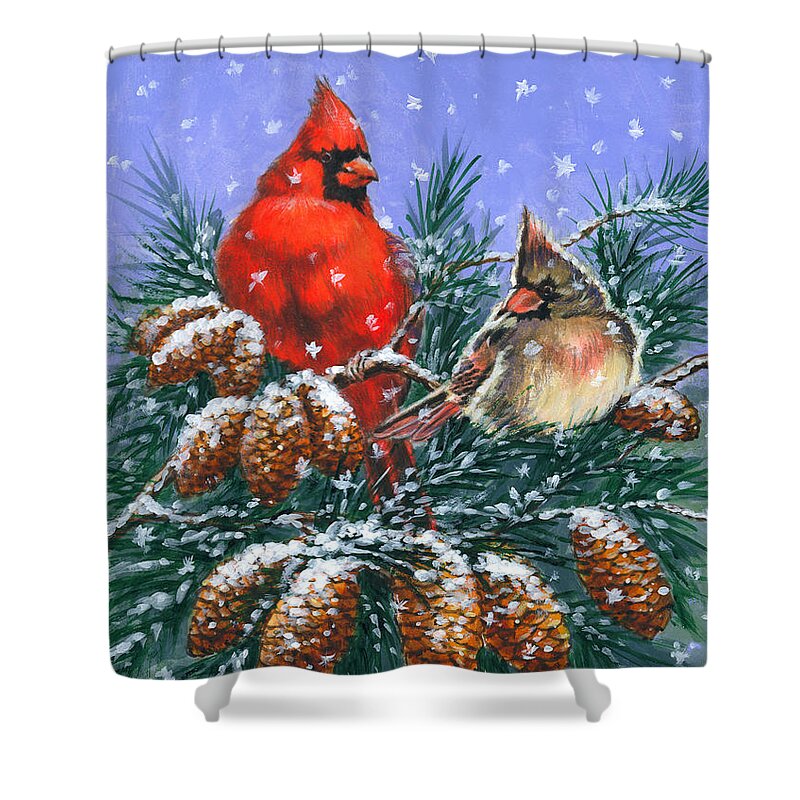 Cardinal Shower Curtain featuring the painting Christmas Cardinals #1 by Richard De Wolfe