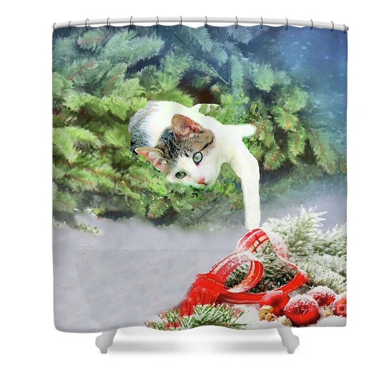 Cat Shower Curtain featuring the photograph Christmas Cat by Janette Boyd