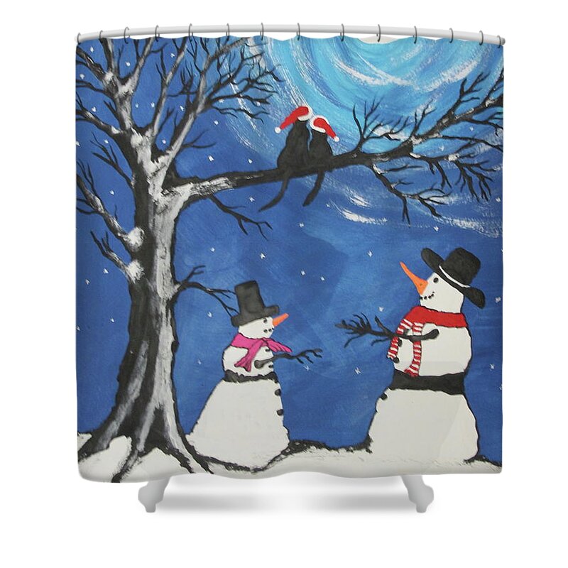 Greeting Cards Shower Curtain featuring the painting Christmas Cats In Love by Jeffrey Koss
