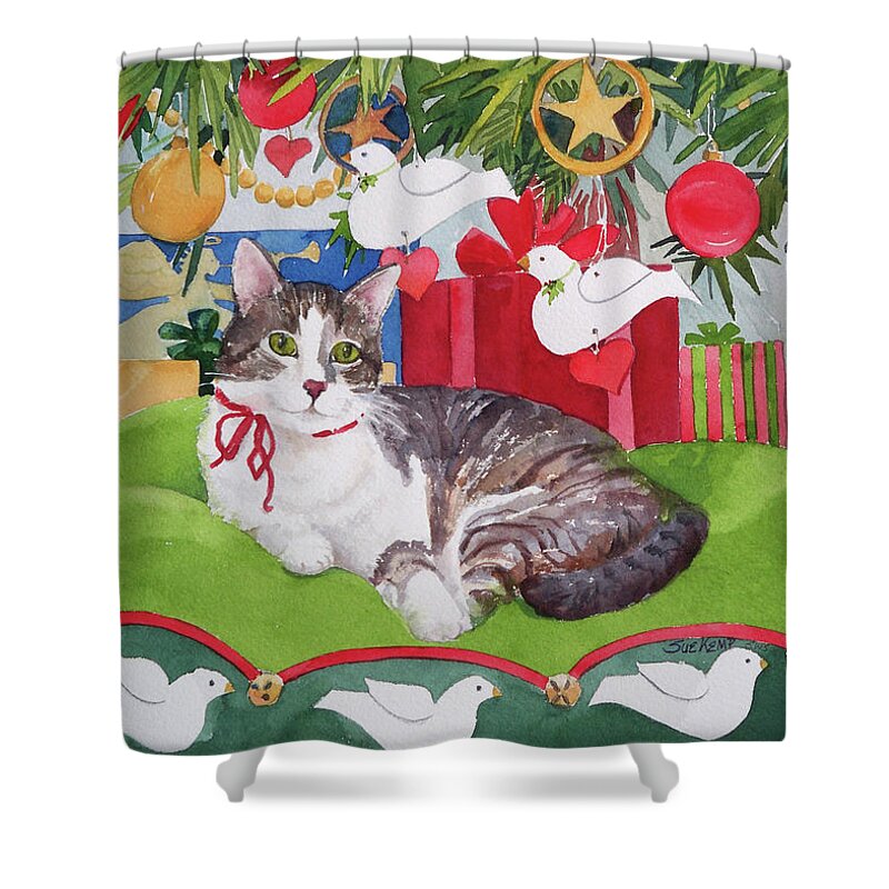 Tabby Cat Shower Curtain featuring the painting Christmas Kitty by Sue Kemp