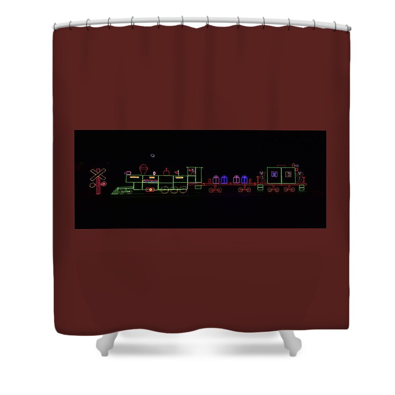 Linda Brody Shower Curtain featuring the photograph Christmas Lights Train Panorama by Linda Brody