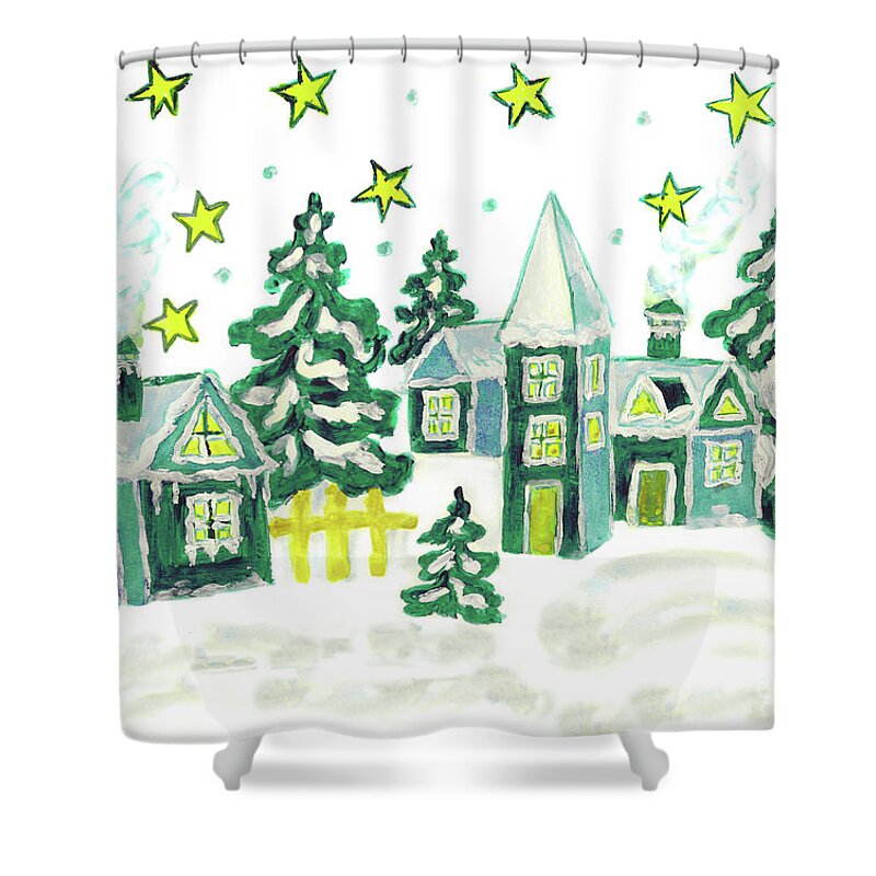 Christmas Shower Curtain featuring the painting Christmas picture in green by Irina Afonskaya