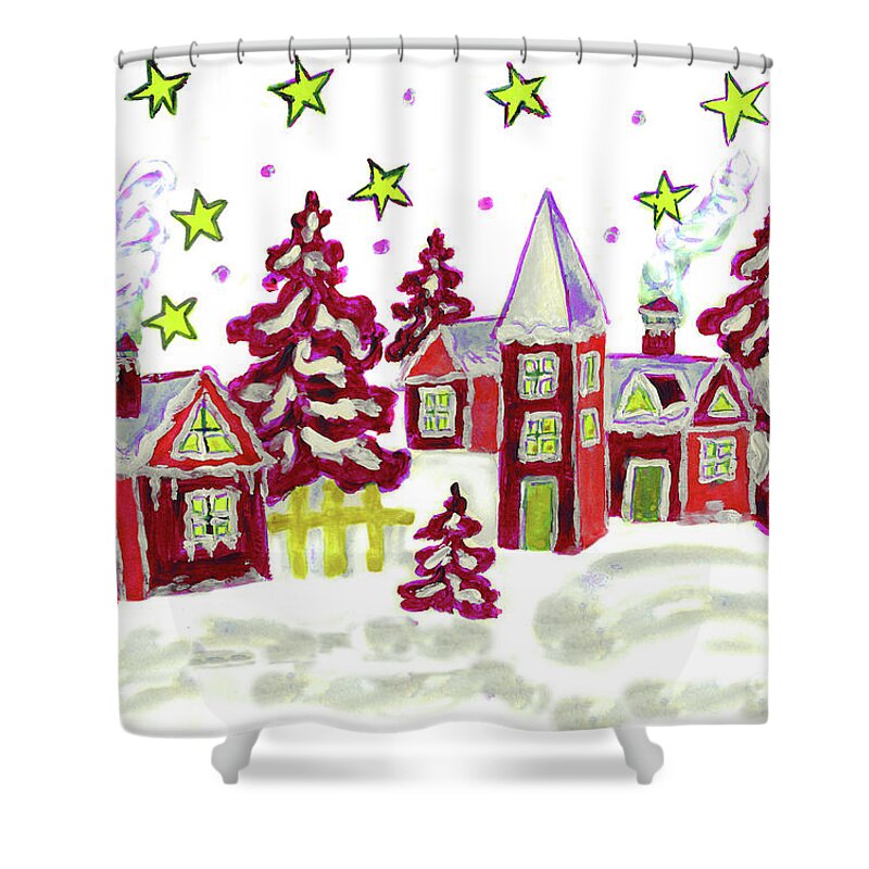 Christmas Shower Curtain featuring the painting Christmas picture in red by Irina Afonskaya