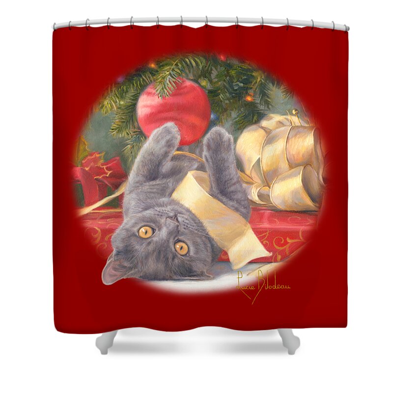 Cat Shower Curtain featuring the painting Christmas Surprise by Lucie Bilodeau