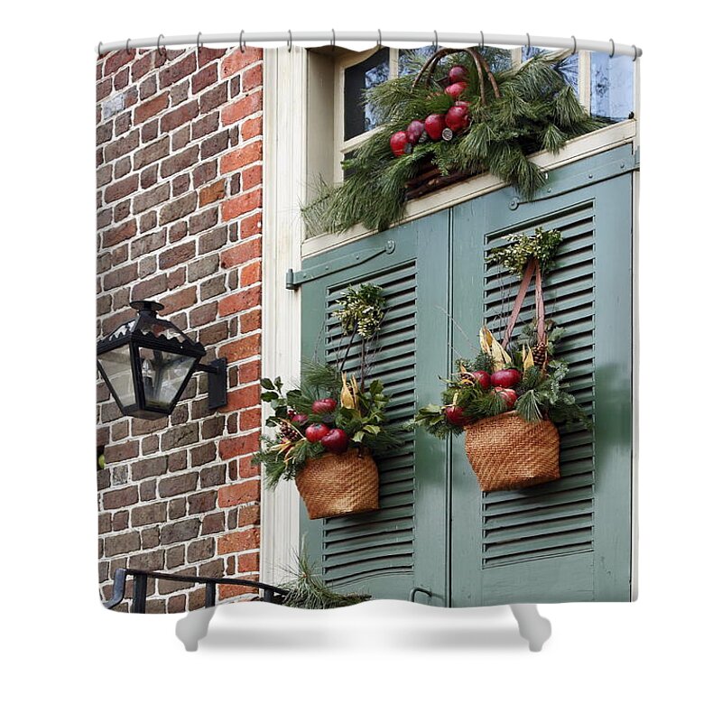 Double Green Doors Shower Curtain featuring the photograph Christmas Welcome by Sally Weigand