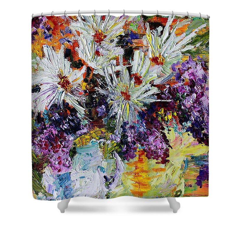 Chrysanthemums Shower Curtain featuring the painting Chrysanthemums and Lilacs Still Life by Ginette Callaway