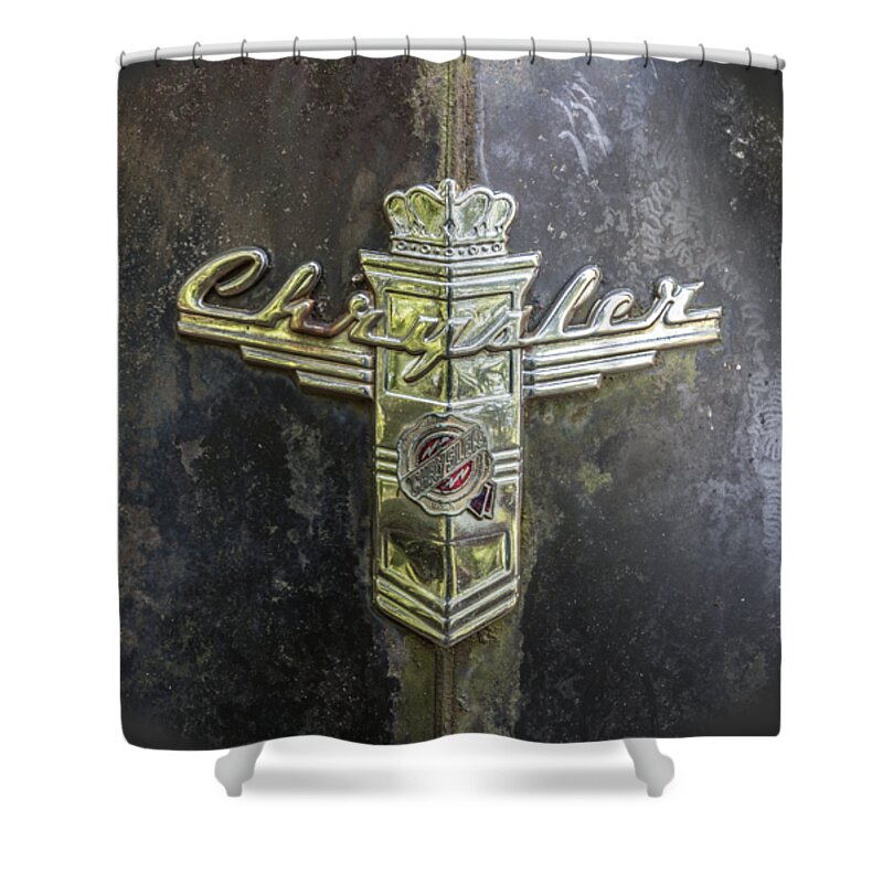 1930s Shower Curtain featuring the photograph Chrysler Hood Ornament by Debra and Dave Vanderlaan