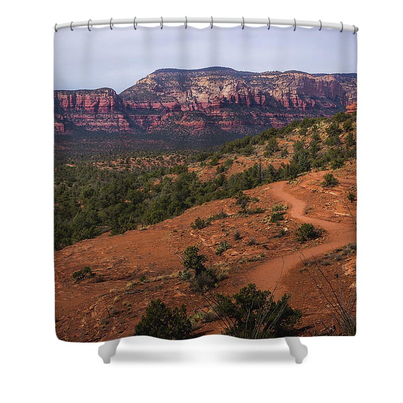 Arizona Shower Curtain featuring the photograph Chuck Wagon Trail and Secret Mountain by Andy Konieczny