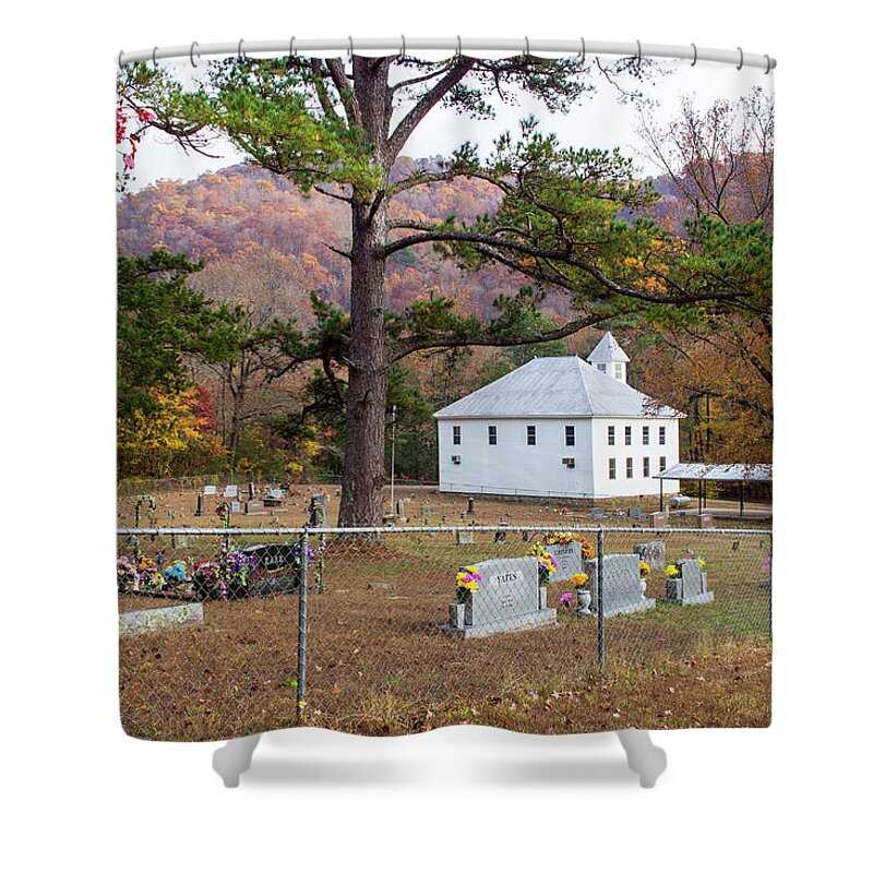 Fall Shower Curtain featuring the photograph Church in the Mountains by Tammy Chesney