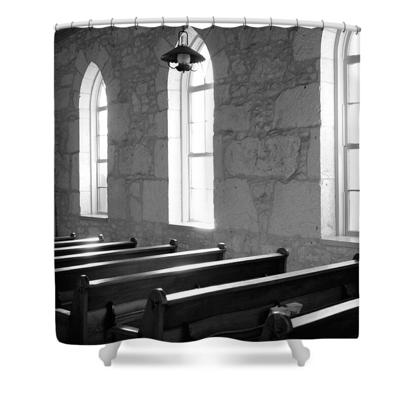 Black And White Shower Curtain featuring the photograph Church Pews black and white by Jill Reger