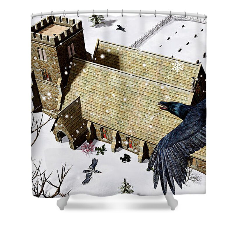 Ravens Shower Curtain featuring the digital art Church Ravens by Peter J Sucy