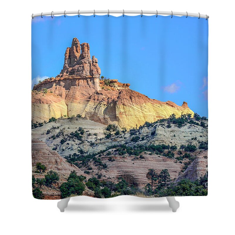 Sandstone Shower Curtain featuring the pyrography Church Rock by David Meznarich
