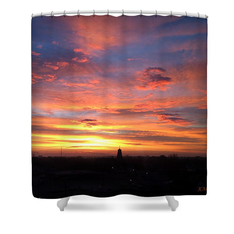 Church Steeple And City Sunrise Shower Curtain featuring the photograph Church Steeple And City Sunrise by Kathy M Krause