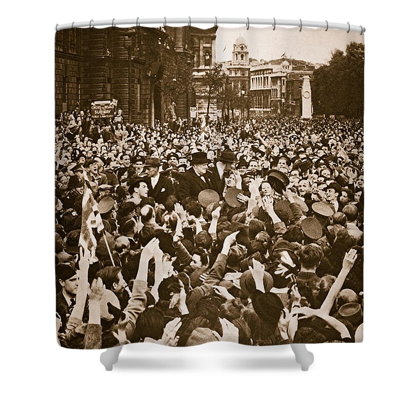 Churchill Shower Curtain featuring the photograph Churchill mobbed in Whitehall on VE Day by English School
