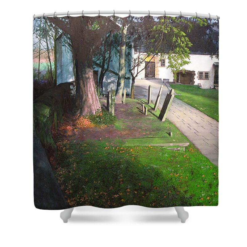 Landscape Shower Curtain featuring the painting Churchyard in South Wales. by Harry Robertson