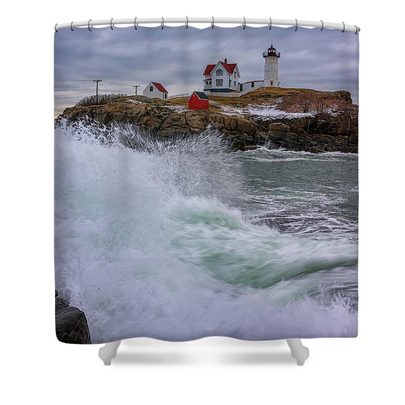 Maine Shower Curtain featuring the photograph Churning Seas at Cape Neddick by Rick Berk
