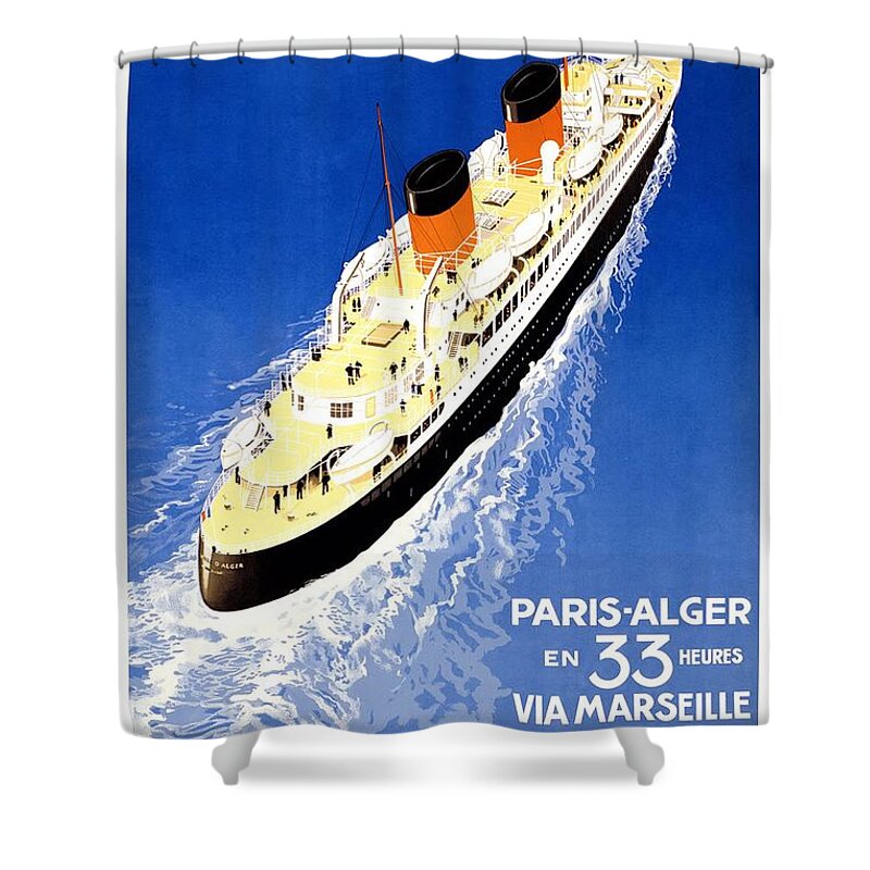 Ville D'alger Shower Curtain featuring the mixed media Cie Gle Transatlantique - Par Ville D'alger - Britishers - Retro travel Poster - Vintage Poster by Studio Grafiikka