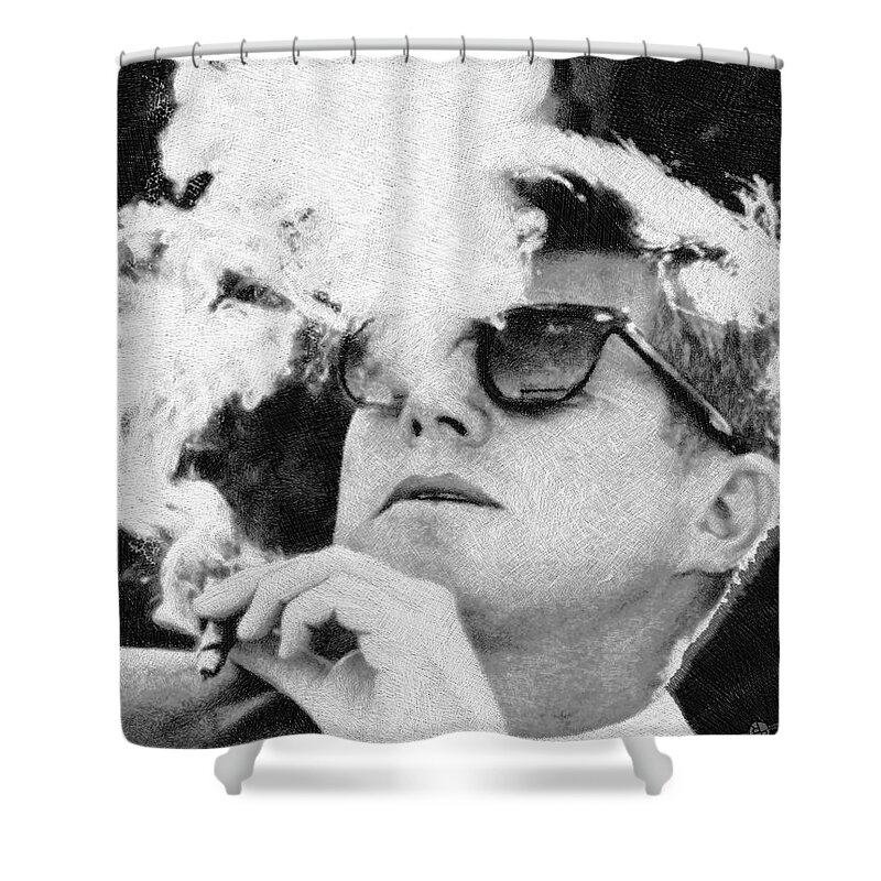 President Shower Curtain featuring the painting Cigar Smoker Cigar Lover JFK Gifts Black And White Photo by Tony Rubino