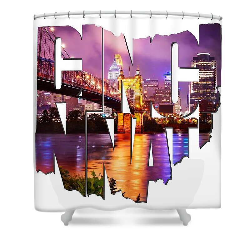Cincinnati Shower Curtain featuring the photograph Cincinnati Ohio Typography - The Vibrant Cincinnati Ohio Skyline And John Roebling Suspension Bridge by Gregory Ballos