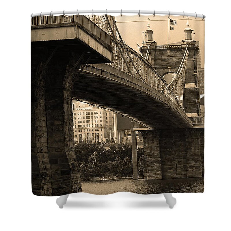 Arches Shower Curtain featuring the photograph Cincinnati - Roebling Bridge 2 Sepia by Frank Romeo