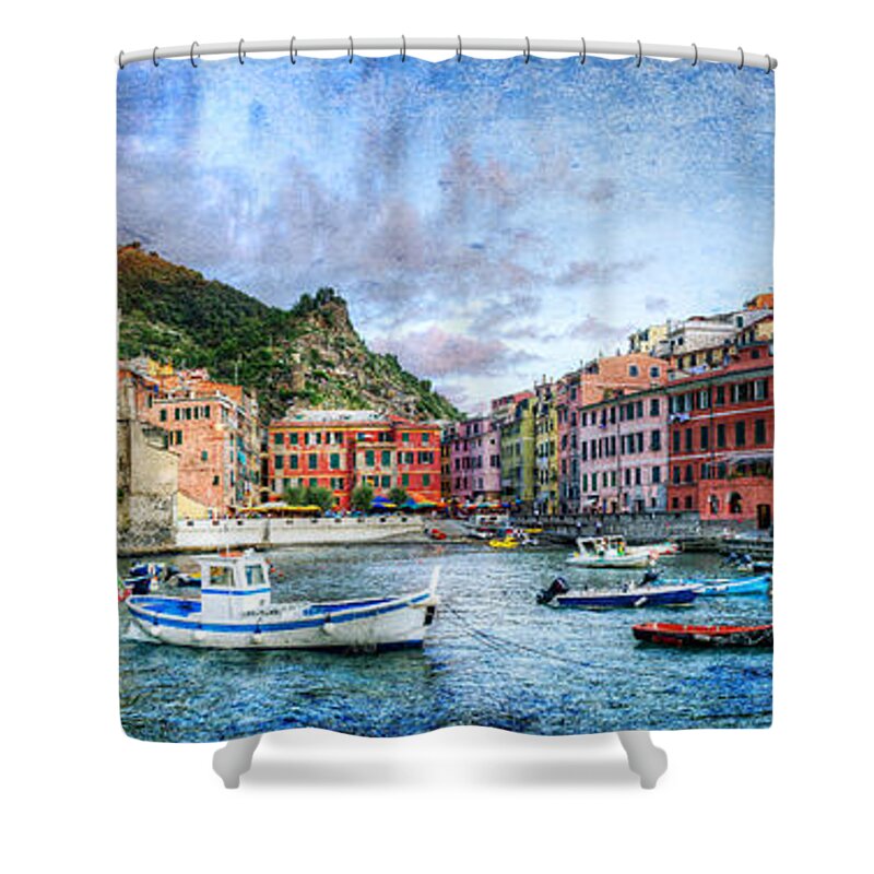 Cinque Terre Shower Curtain featuring the photograph Cinque Terre - Vernazza from the breakwater - Vintage version by Weston Westmoreland