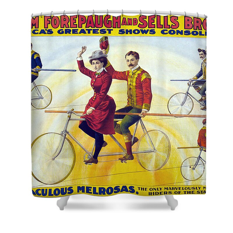 1900 Shower Curtain featuring the drawing CIRCUS, BICYCLISTS, c1900. by Granger