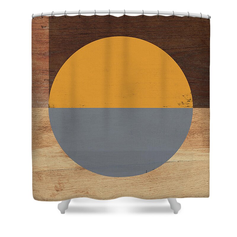 Modern Shower Curtain featuring the mixed media Cirkel Yellow and Grey- Art by Linda Woods by Linda Woods