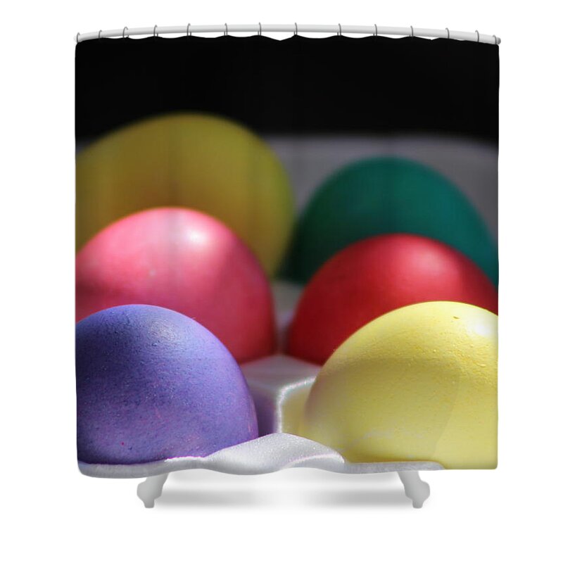 Dye Shower Curtain featuring the photograph Citrus and Ultra Violet Easter Eggs by Colleen Cornelius