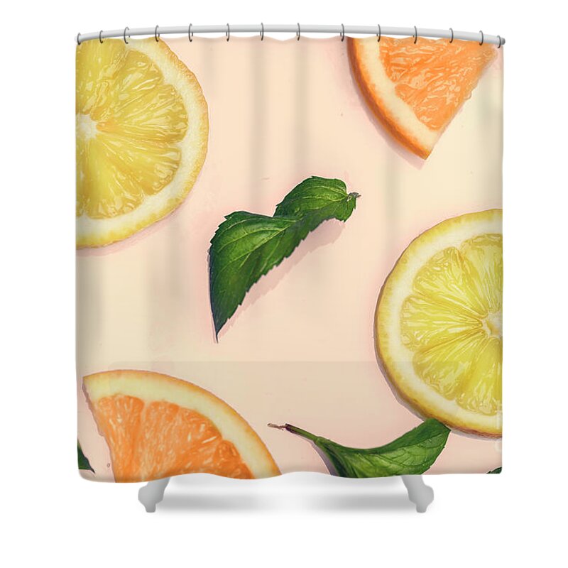 Citrus Shower Curtain featuring the photograph Citrus pattern on retro pink background by Jelena Jovanovic