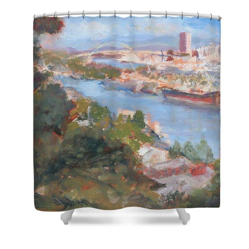 Quin Sweetman Shower Curtain featuring the painting Shining City, Impression, Late Afternoon, Painting by Quin Sweetman by Quin Sweetman