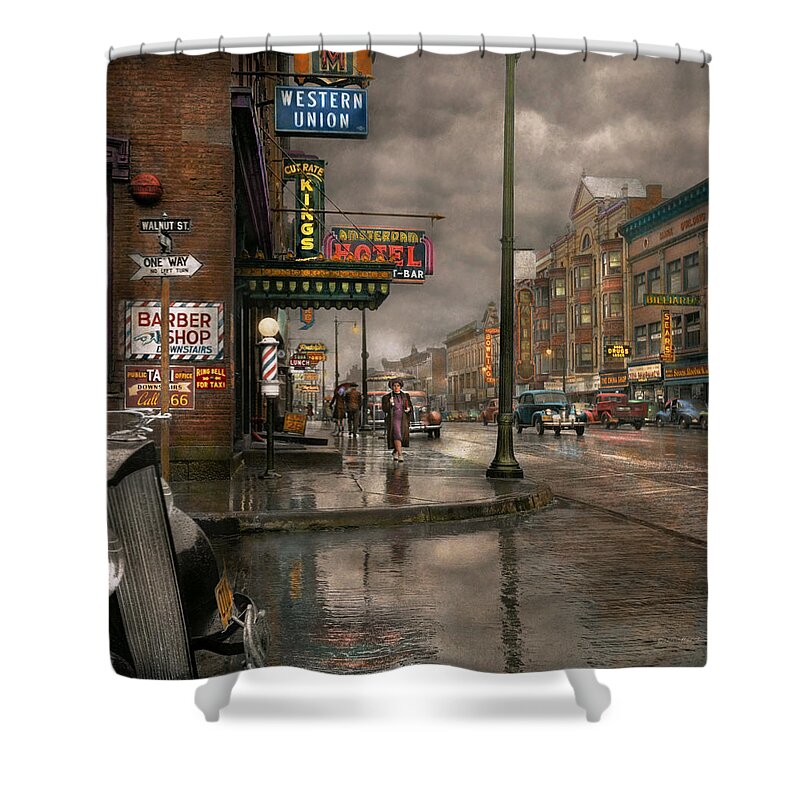 Colorized Shower Curtain featuring the photograph City - Amsterdam NY - Call 666 for Taxi 1941 by Mike Savad