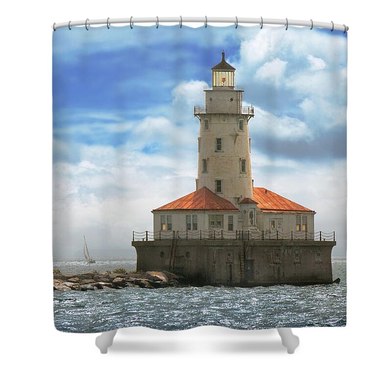 Chicago Shower Curtain featuring the photograph City - Chicago IL - Chicago harbor lighthouse by Mike Savad