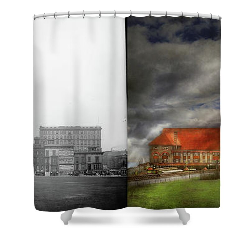 Color Shower Curtain featuring the photograph City - Chicago IL - Illinois Central depot 1901 - Side by Side by Mike Savad