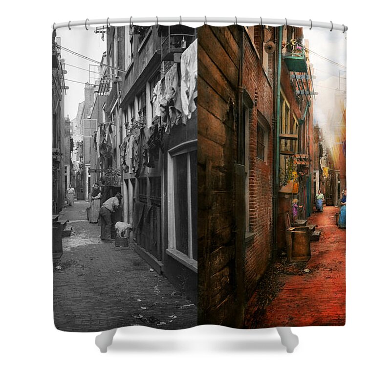 Poor Shower Curtain featuring the photograph City - Germany - Alley - The other half 1904 - Side by Side by Mike Savad