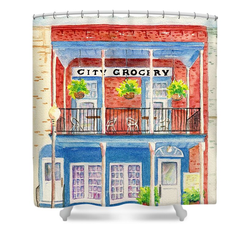 Oxford Ms Shower Curtain featuring the painting City Grocery Oxford Mississippi by Carlin Blahnik CarlinArtWatercolor