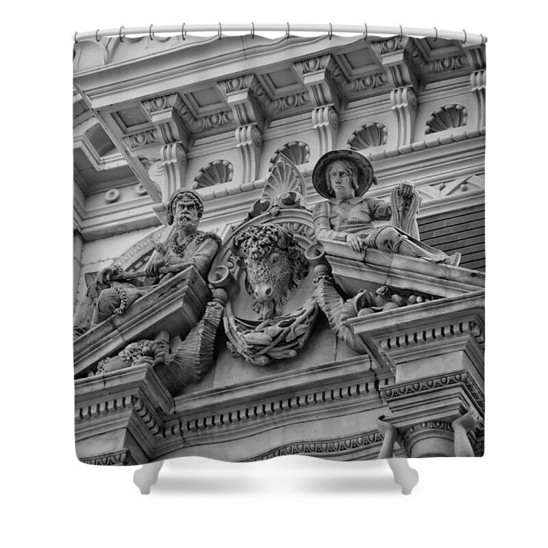 City Shower Curtain featuring the photograph City Hall in Philadelphia - Window Ediface in Black and White by Bill Cannon