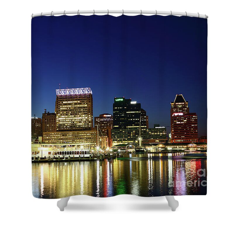 Baltimore Shower Curtain featuring the photograph City Lights Reflected in Baltimore Inner Harbor at Twilight by James Brunker
